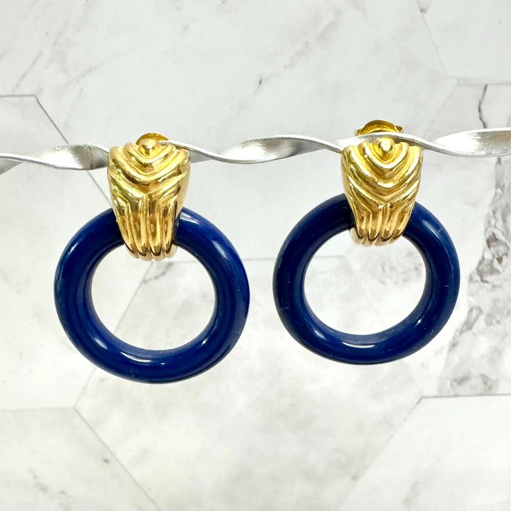 Vintage Givenchy Earrings Gold Tone Navy Blue Lucite Ring Knockers 1980s Rare